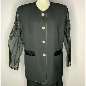 Vintage San Laurance Skirt Suit 14 Black Sheer Cutout Sleeves Rhinestone Buttons